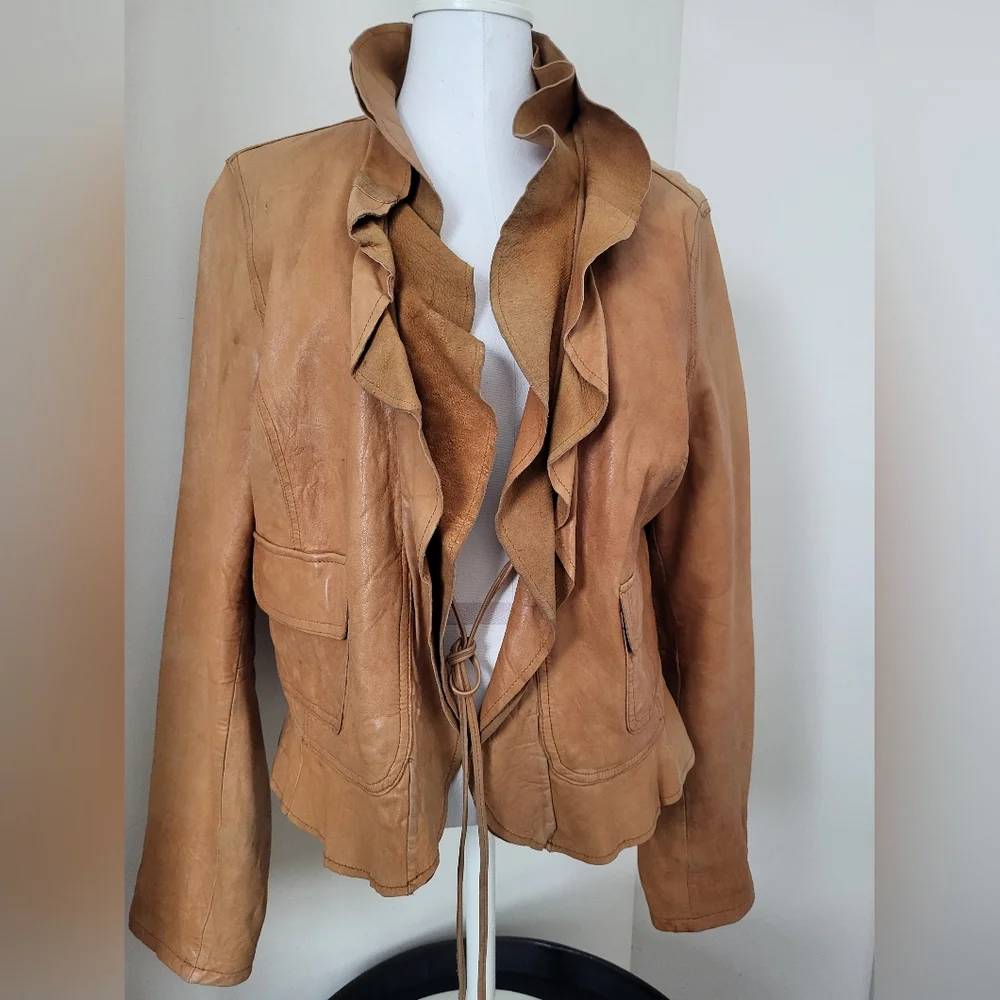 Women's Tan Ruffle Leather Jacket - Picture 3 of 14